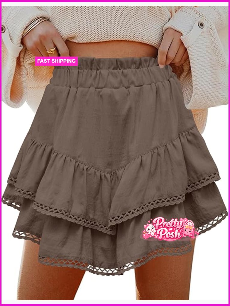 Flowy Ruffle Tiered Skorts With Crochet Hem High Waist Mini Skirts For Tennis
